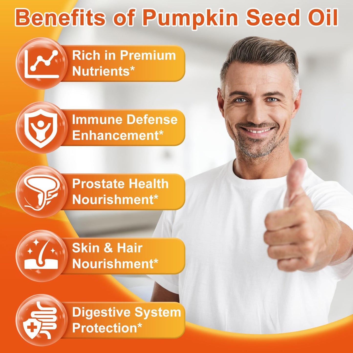 Close up of 150 softgels pumpkin seed oil dietary supplement