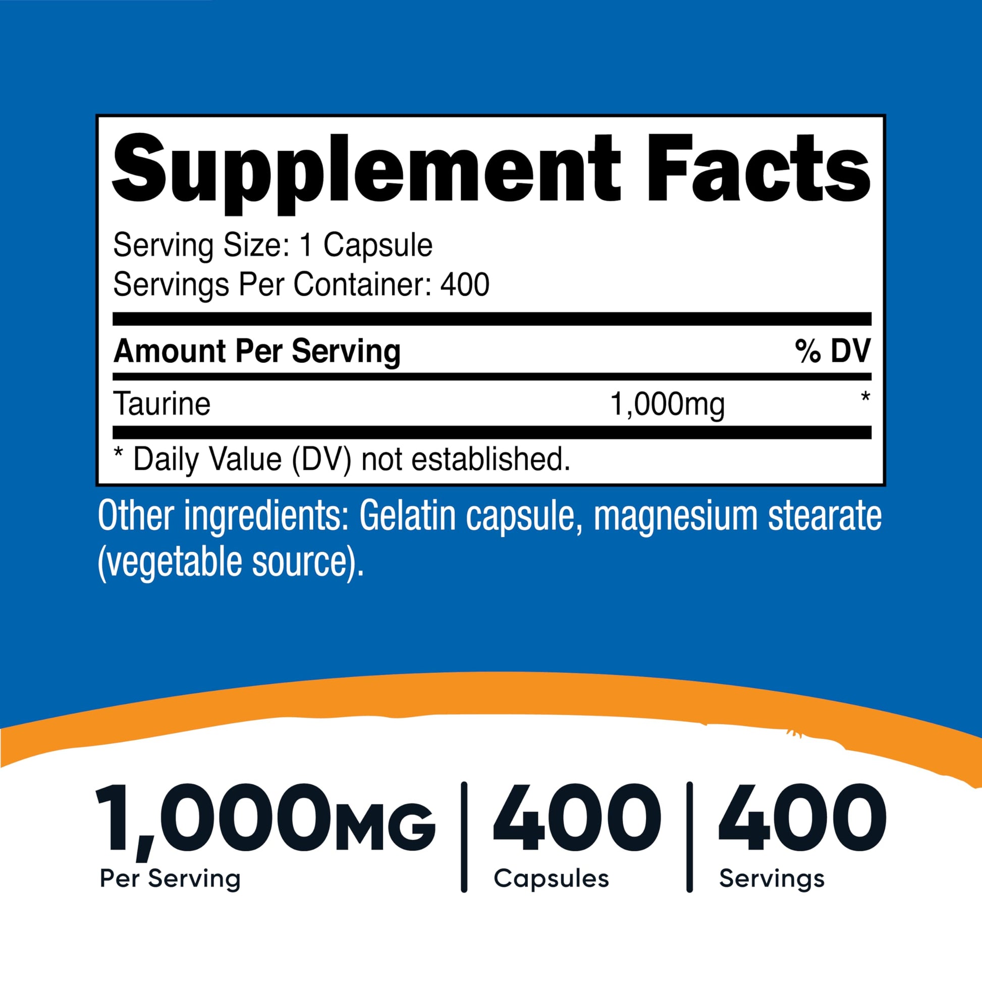 Nutricost Taurine 1000mg supplement facts label displaying gluten free and non GMO verified specifications.