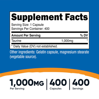 Nutricost Taurine 1000mg supplement facts label displaying gluten free and non GMO verified specifications.