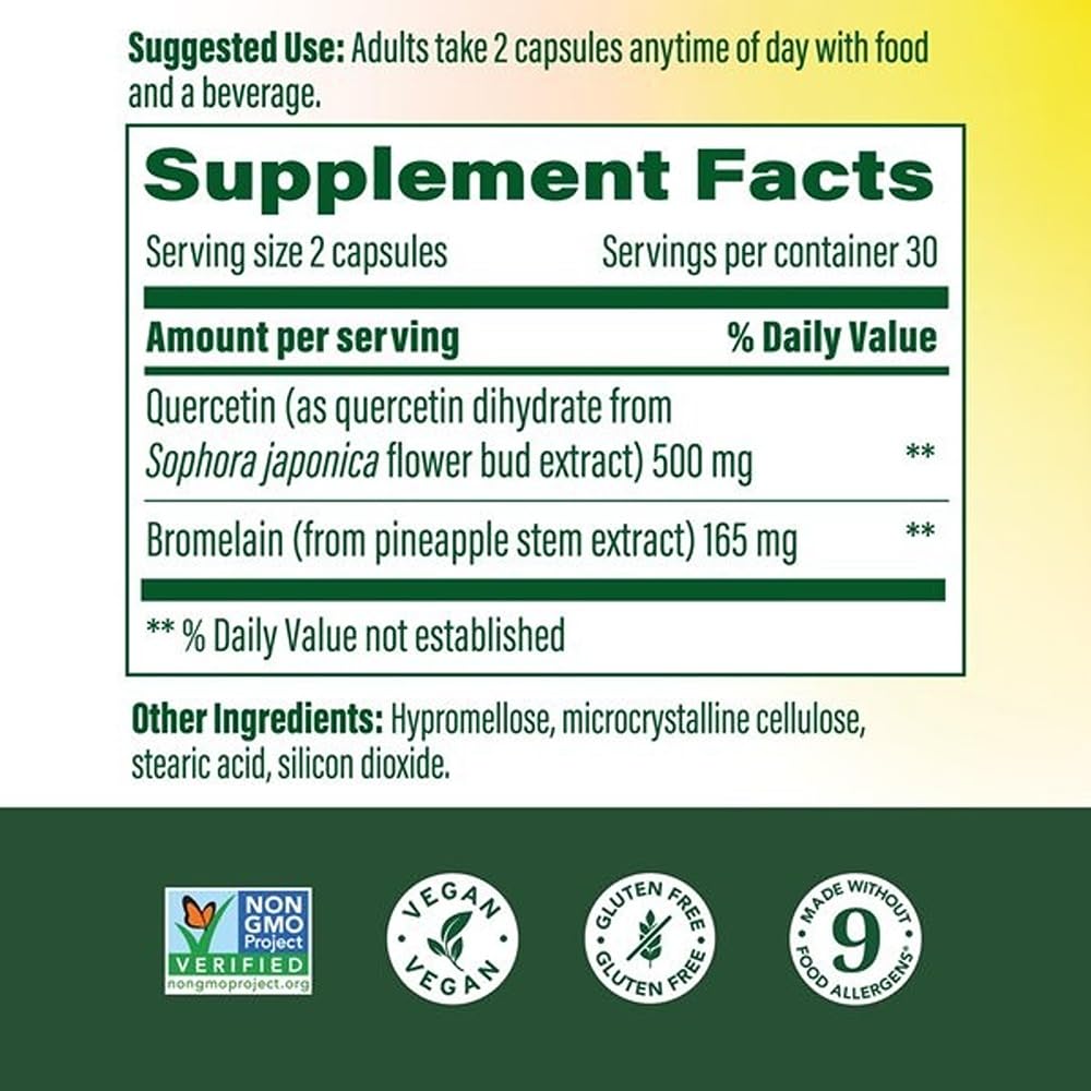 MegaFood Quercetin with Bromelain label details showing 500mg dose