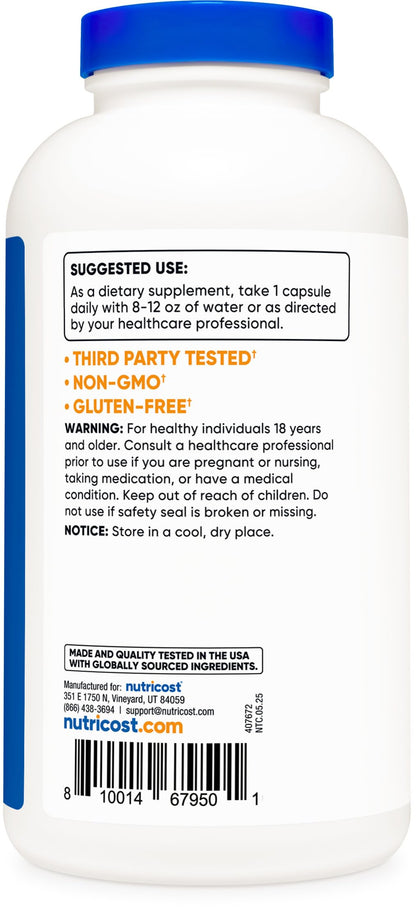 Close up view of the authentic imported Nutricost Taurine dietary supplement container for heart health.