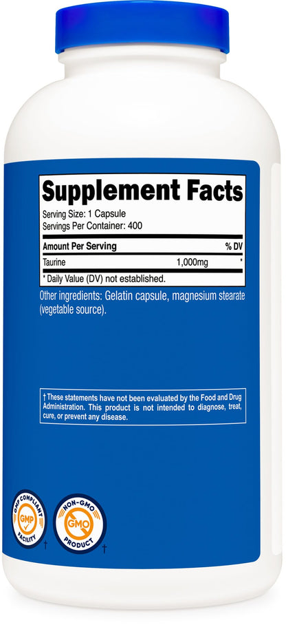 Nutricost Taurine 1000mg capsules bulk packaging showcasing the independent laboratory third party tested seal.