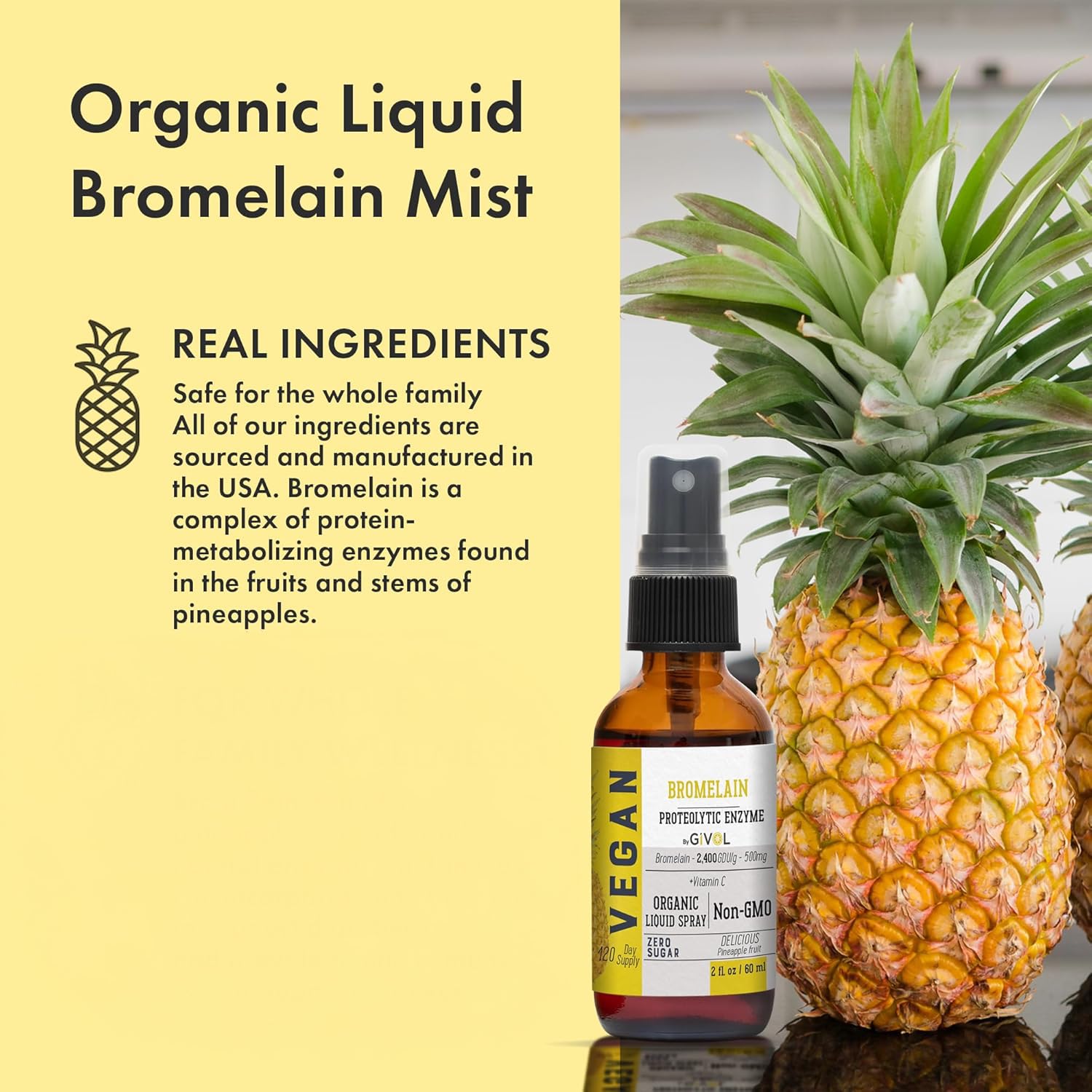 Side view of GIVOL raw bromelain spray bottle detailing the clean organic ingredients label.