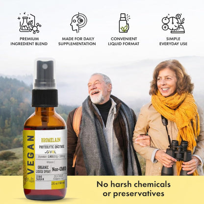 GIVOL bromelain liquid mist packaging showing the certified organic and vegan product seals.