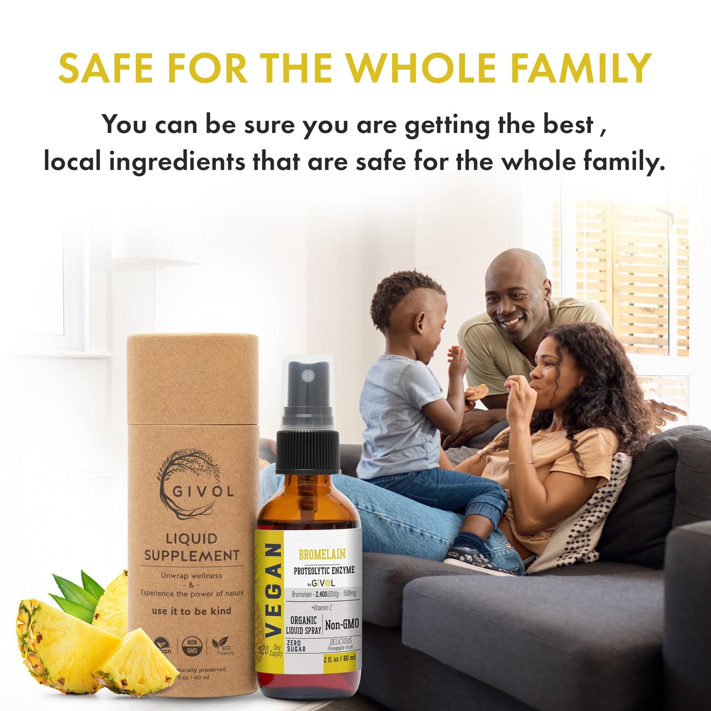 Travel-friendly two fluid ounce bottle of GIVOL pineapple extract liquid spray displayed upright.