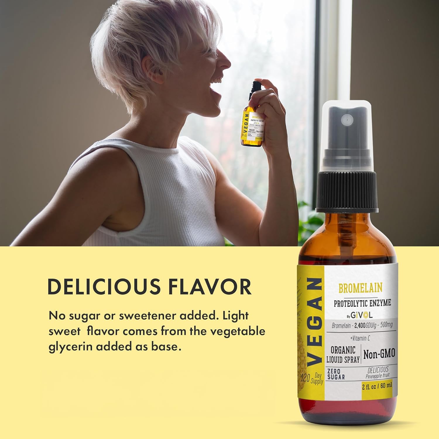 Back panel view of the extra strength five hundred milligram bromelain mist supplement facts.