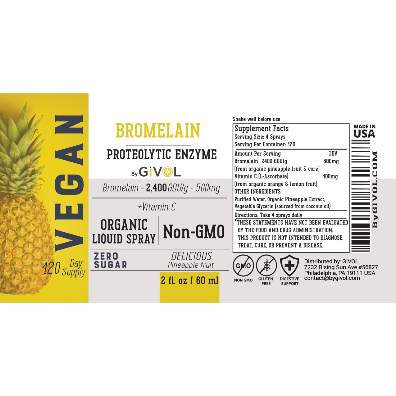 GIVOL organic raw bromelain liquid mist bottle next to its premium protective outer carton.