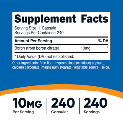 Nutricost Boron Citrate 10mg supplement facts label showing gluten free non GMO certification