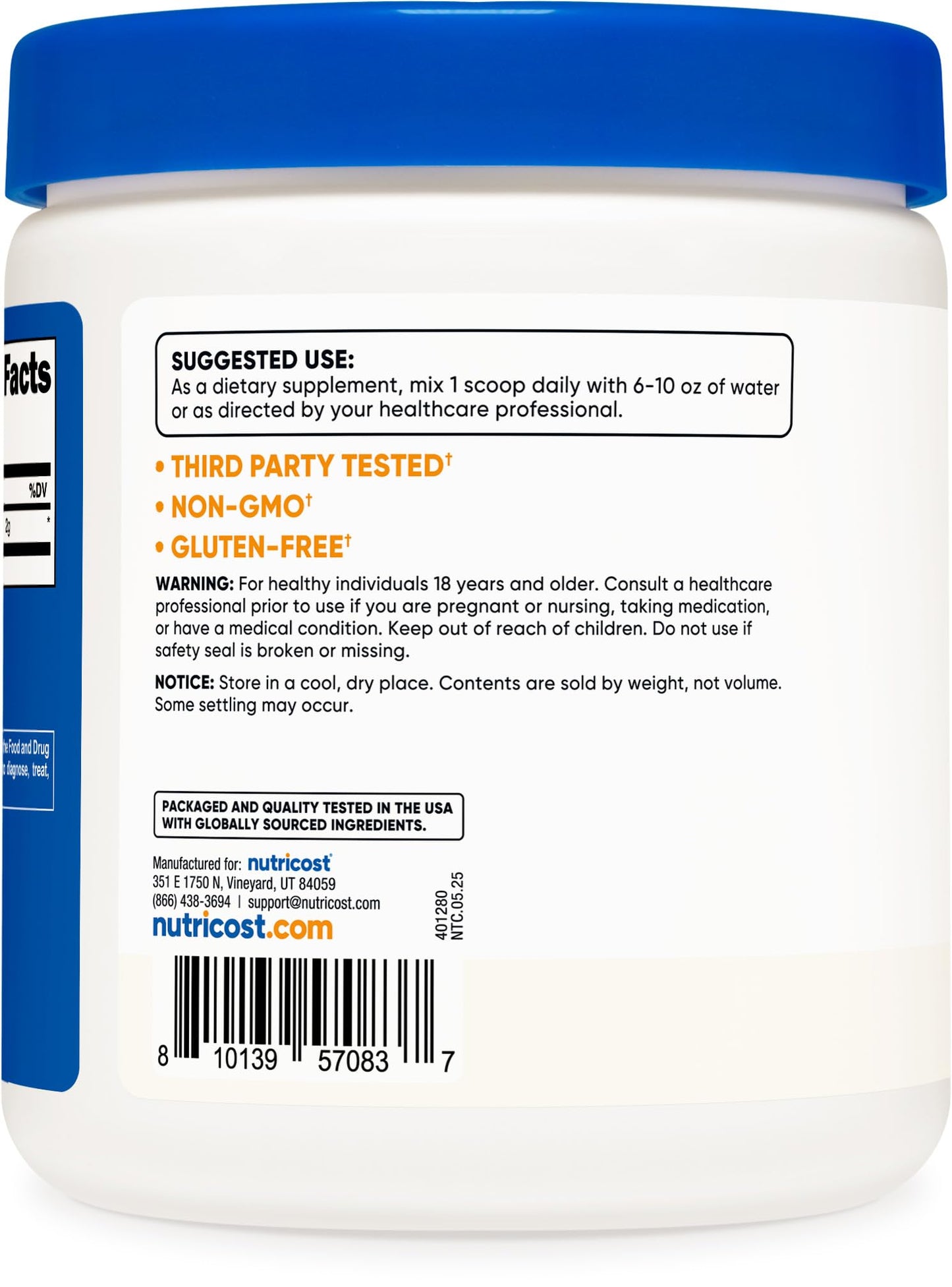 Side view of third-party tested gluten-free amino acid powder container