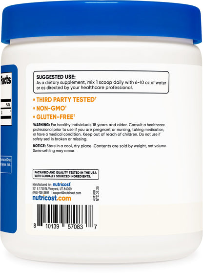 Side view of third-party tested gluten-free amino acid powder container