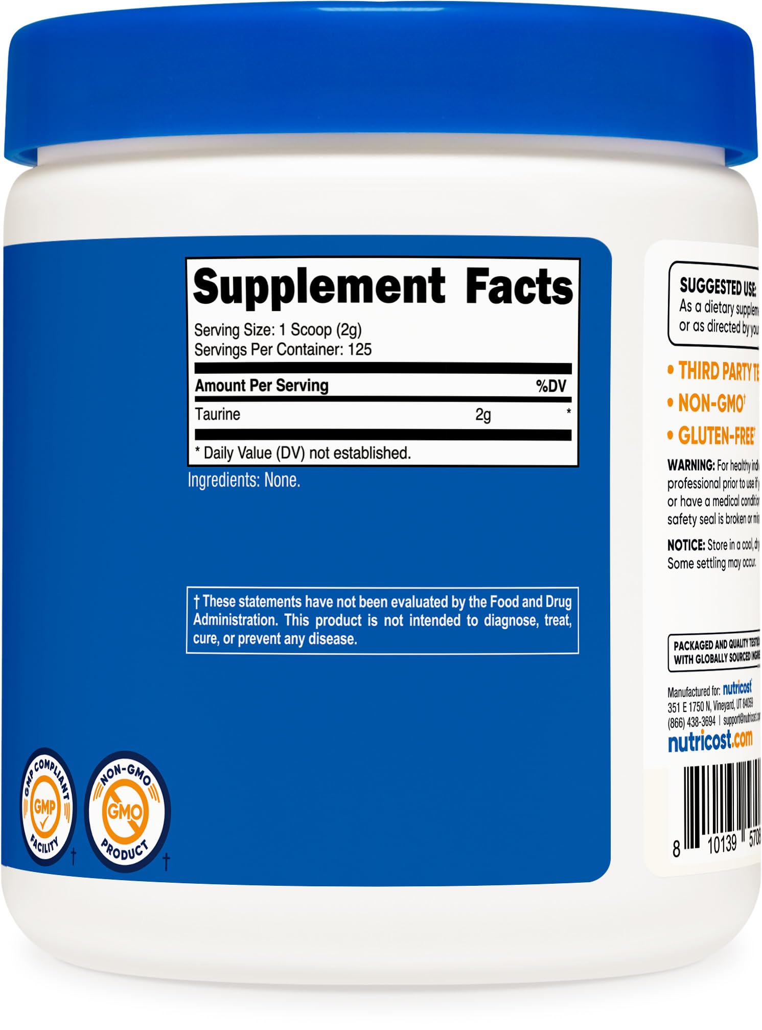Nutricost fitness supplement packaging demonstrating manufacturing in a GMP compliant facility
