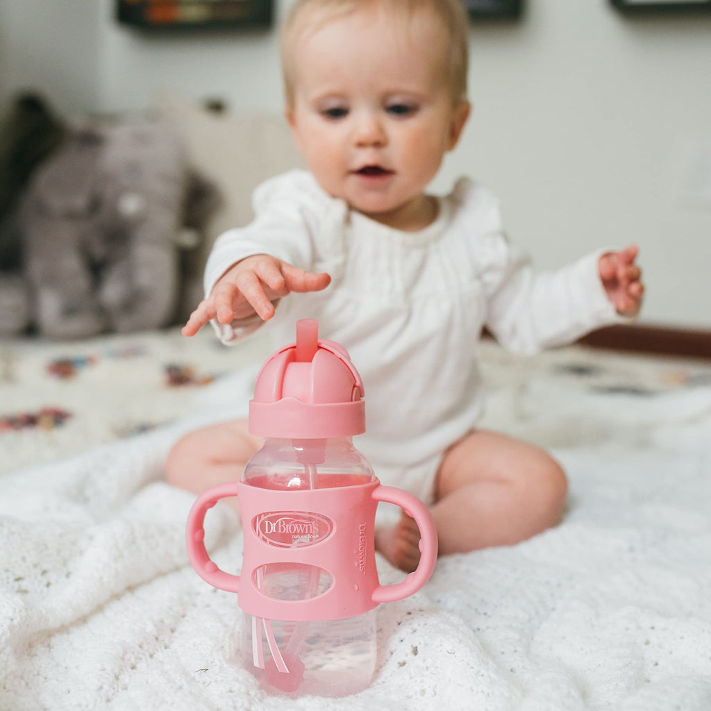 Gray and pink Dr. Brown's toddler straw bottles