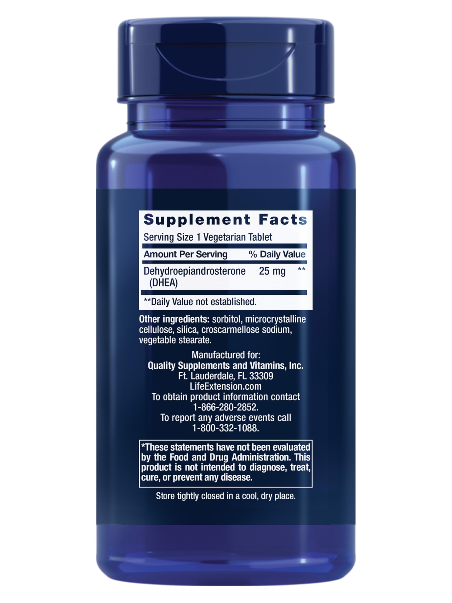 Life Extension DHEA vegetarian supplement label details