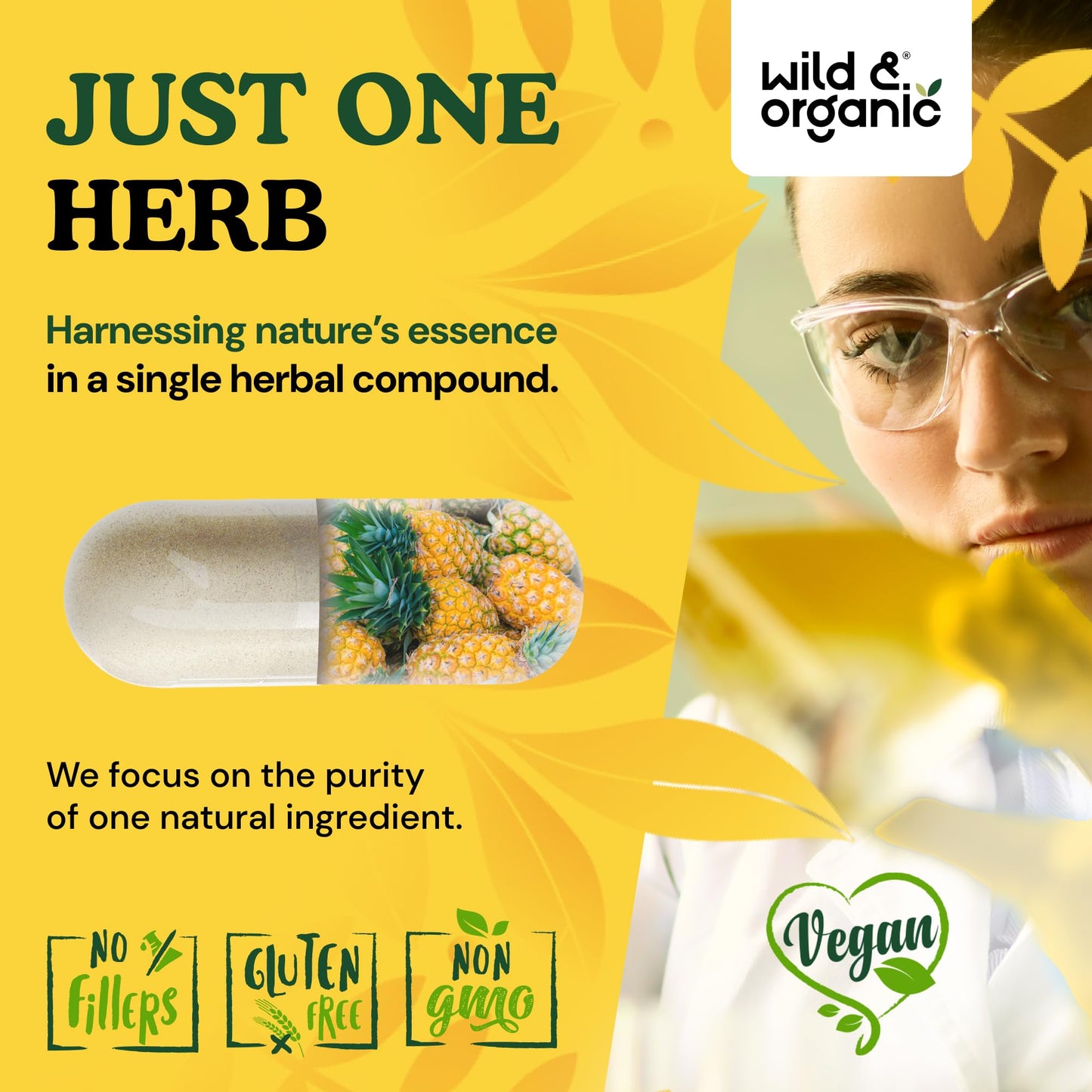 Close up of Wild and Organic vegan pineapple enzyme capsules