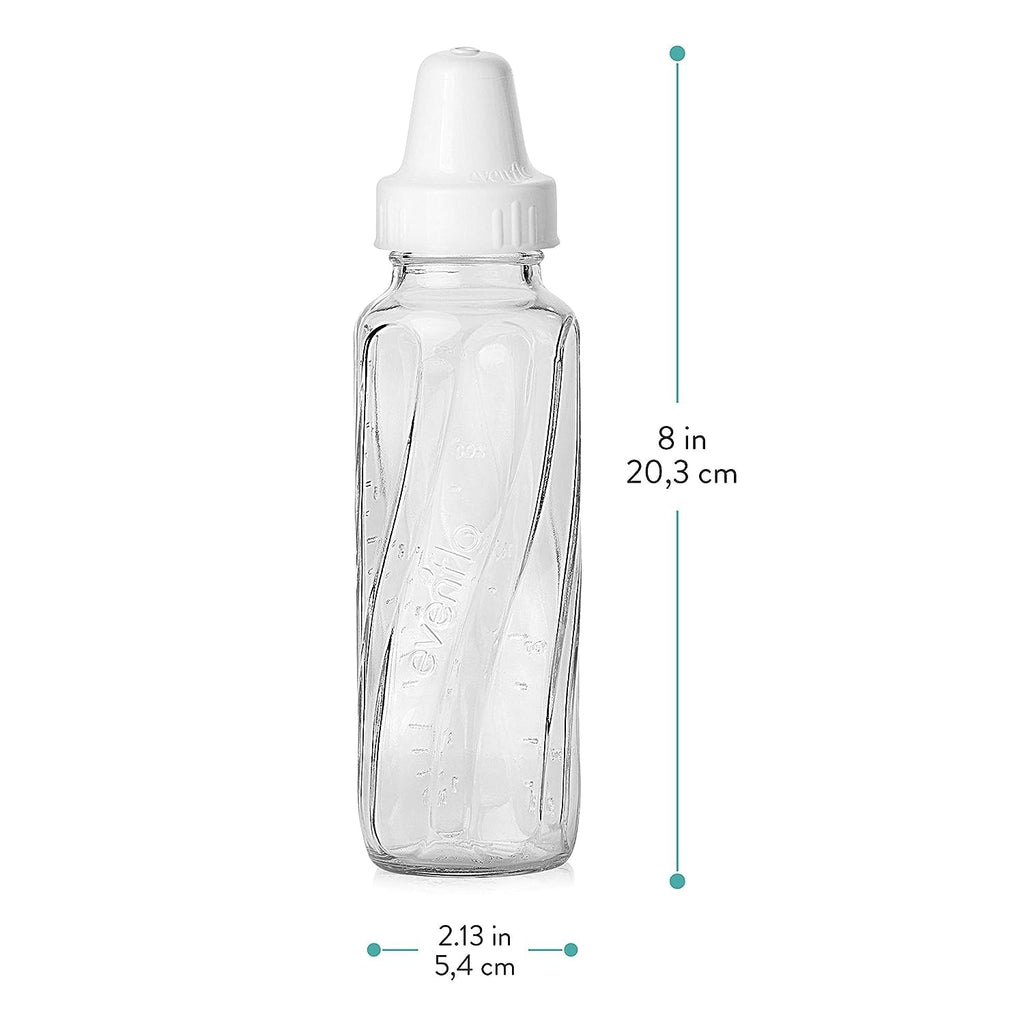 Side profile of Evenflo 8 fluid ounce glass feeding bottle
