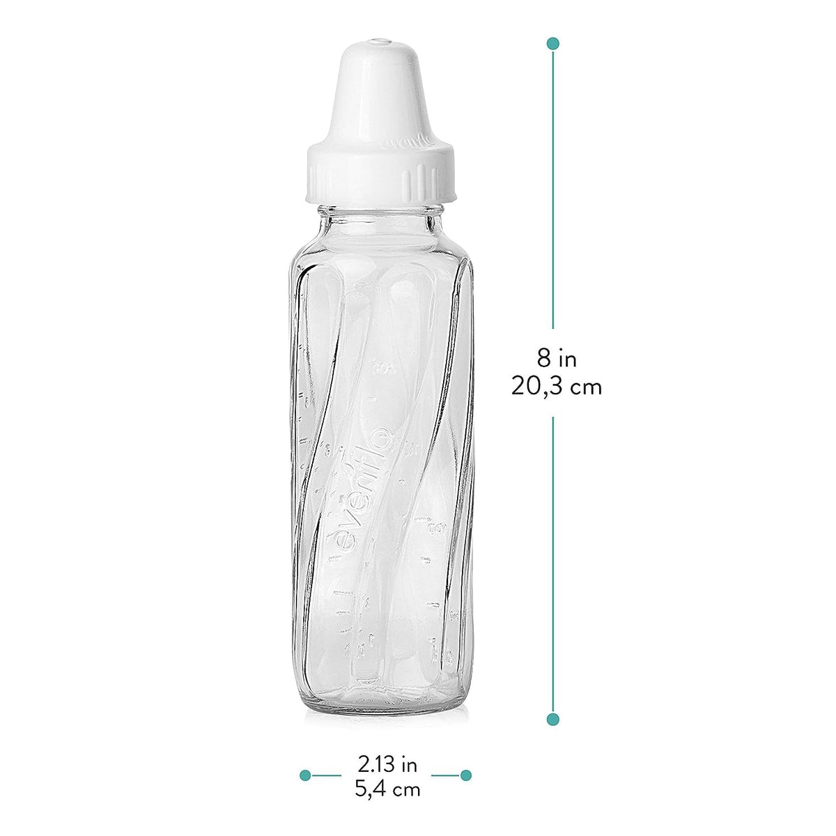 Side profile of Evenflo 8 fluid ounce glass feeding bottle