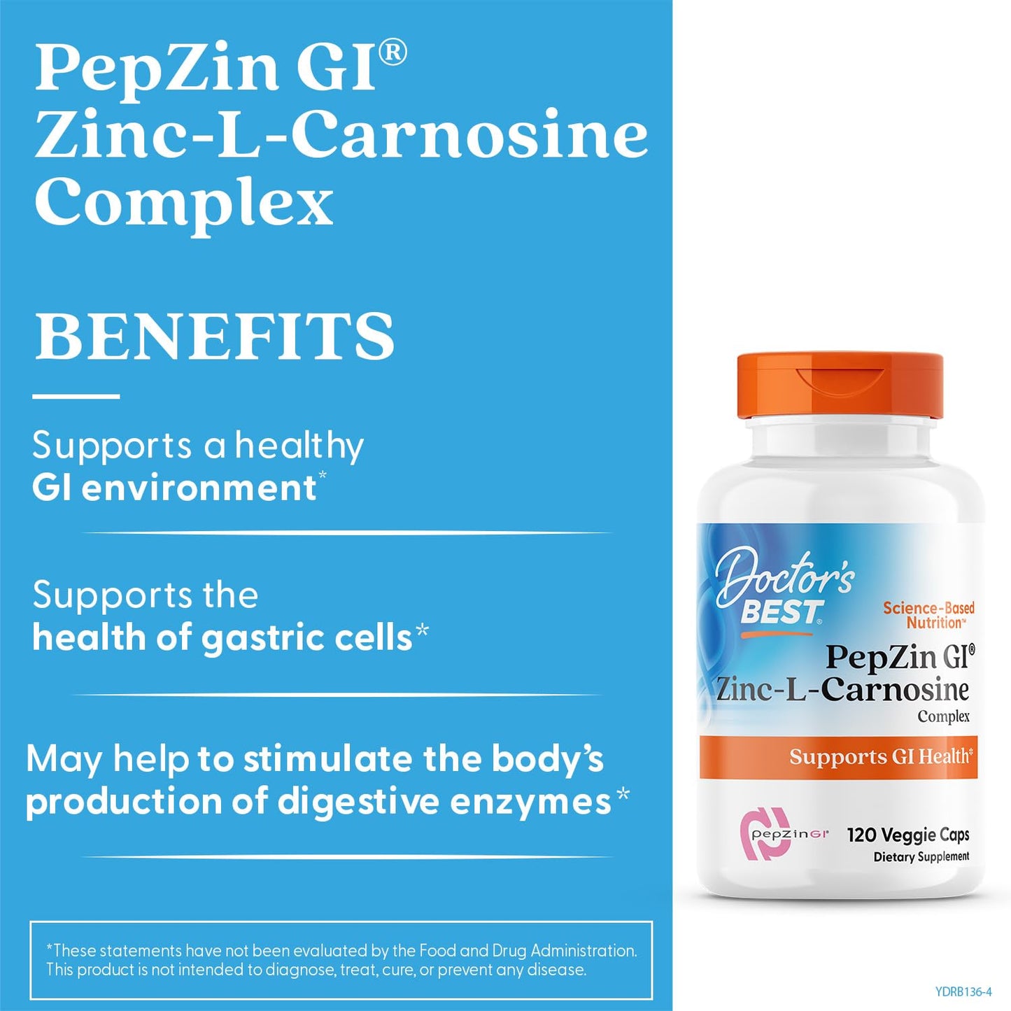 Side view of Doctor's Best PepZin GI bottle showcasing vegan and gluten free certifications