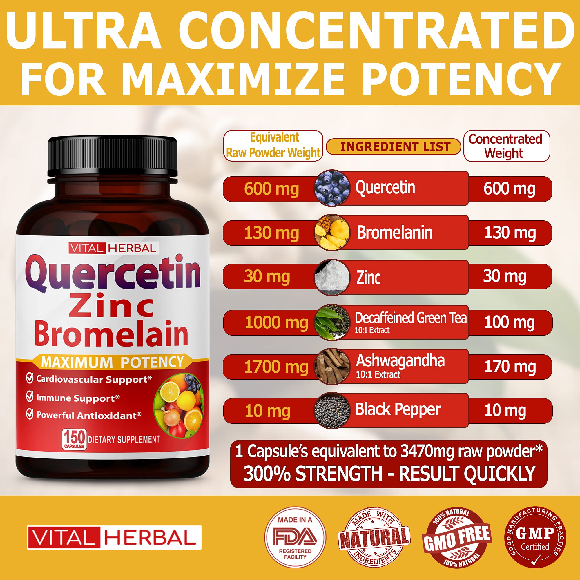 HonLena Quercetin 150 Capsules supplement label details