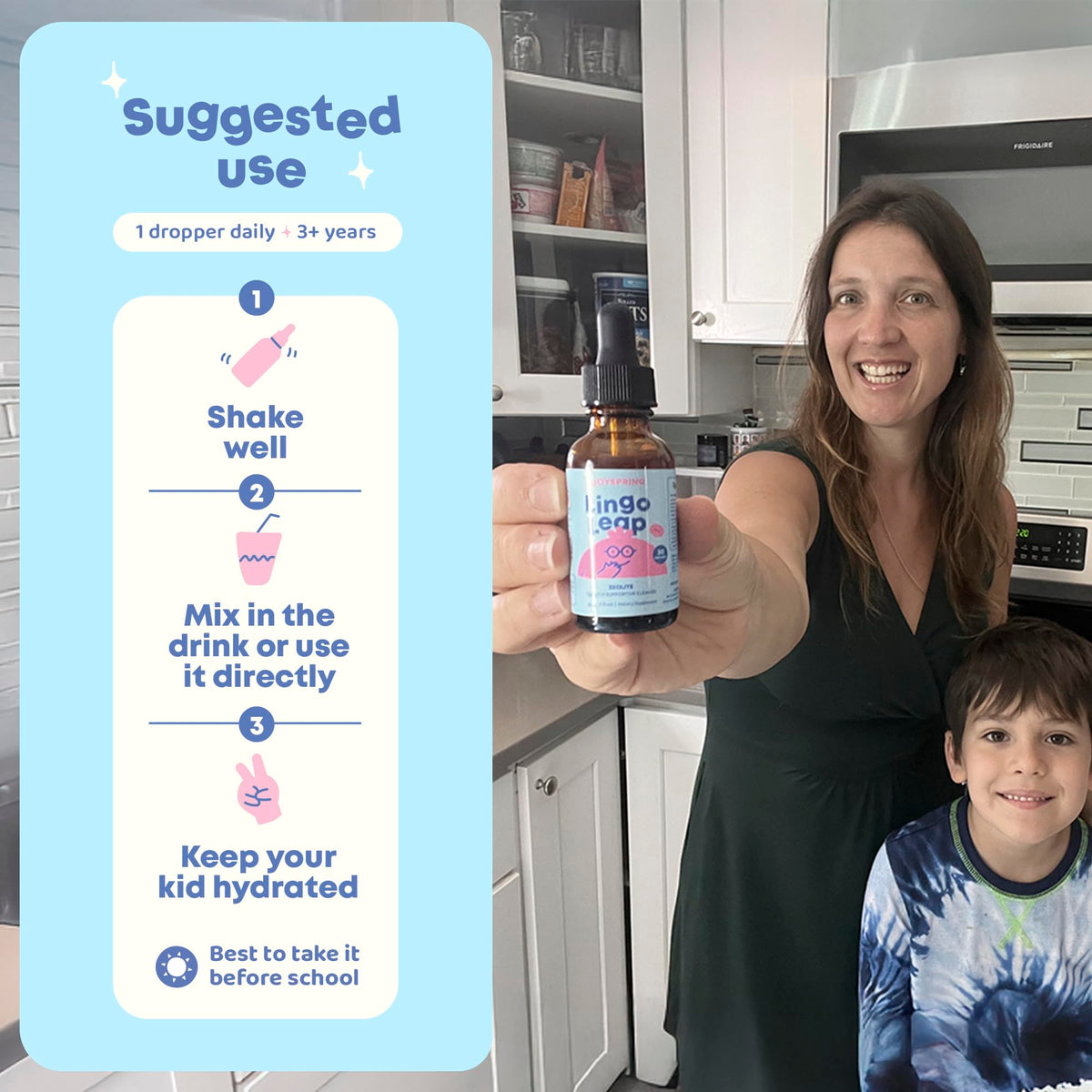 JoySpring LingoLeap liquid vitamins pouring demonstration