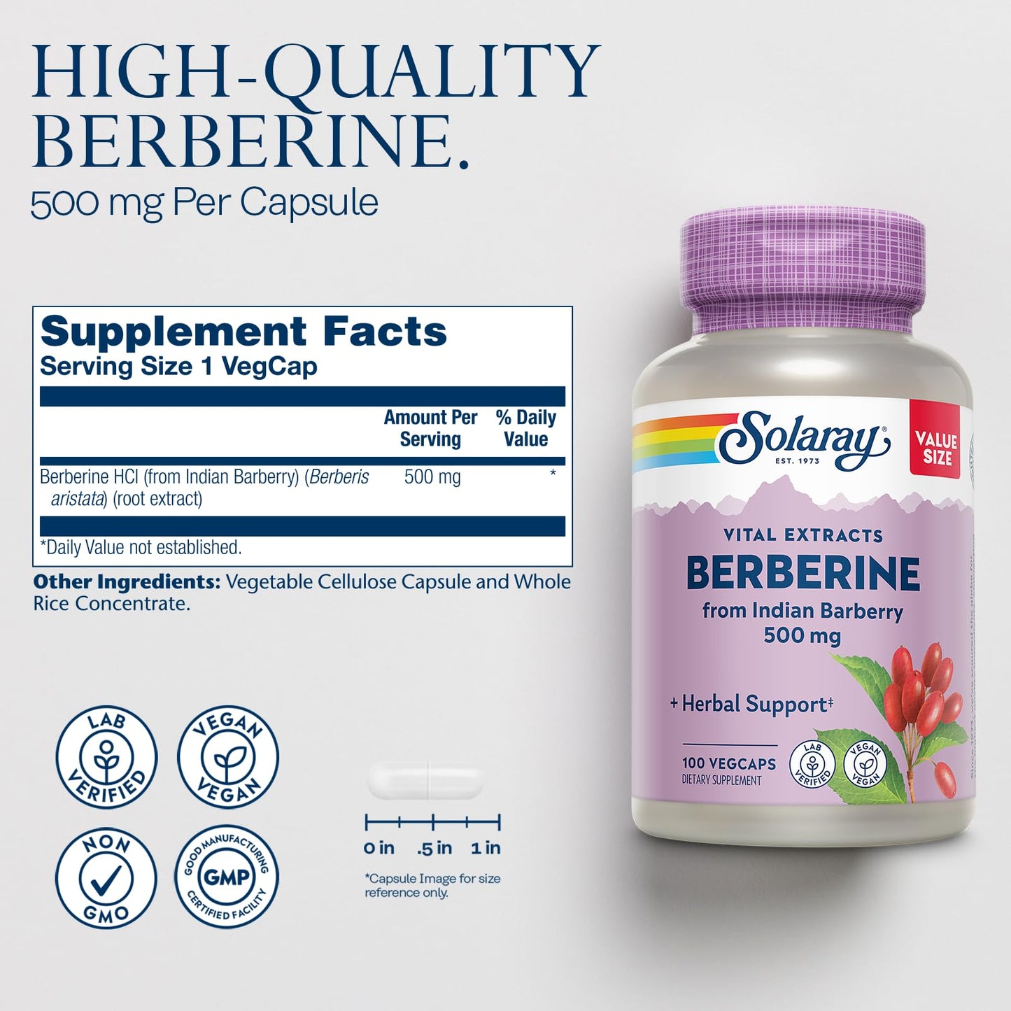 Solaray Berberine 100 vegetarian capsules bottle label