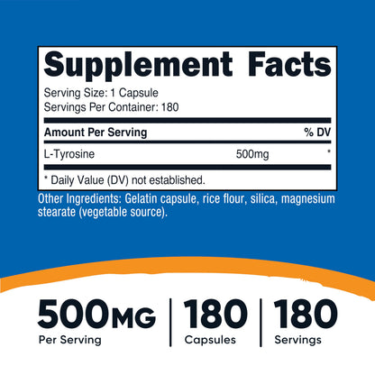 Nutricost L-Tyrosine supplement bottle side label details