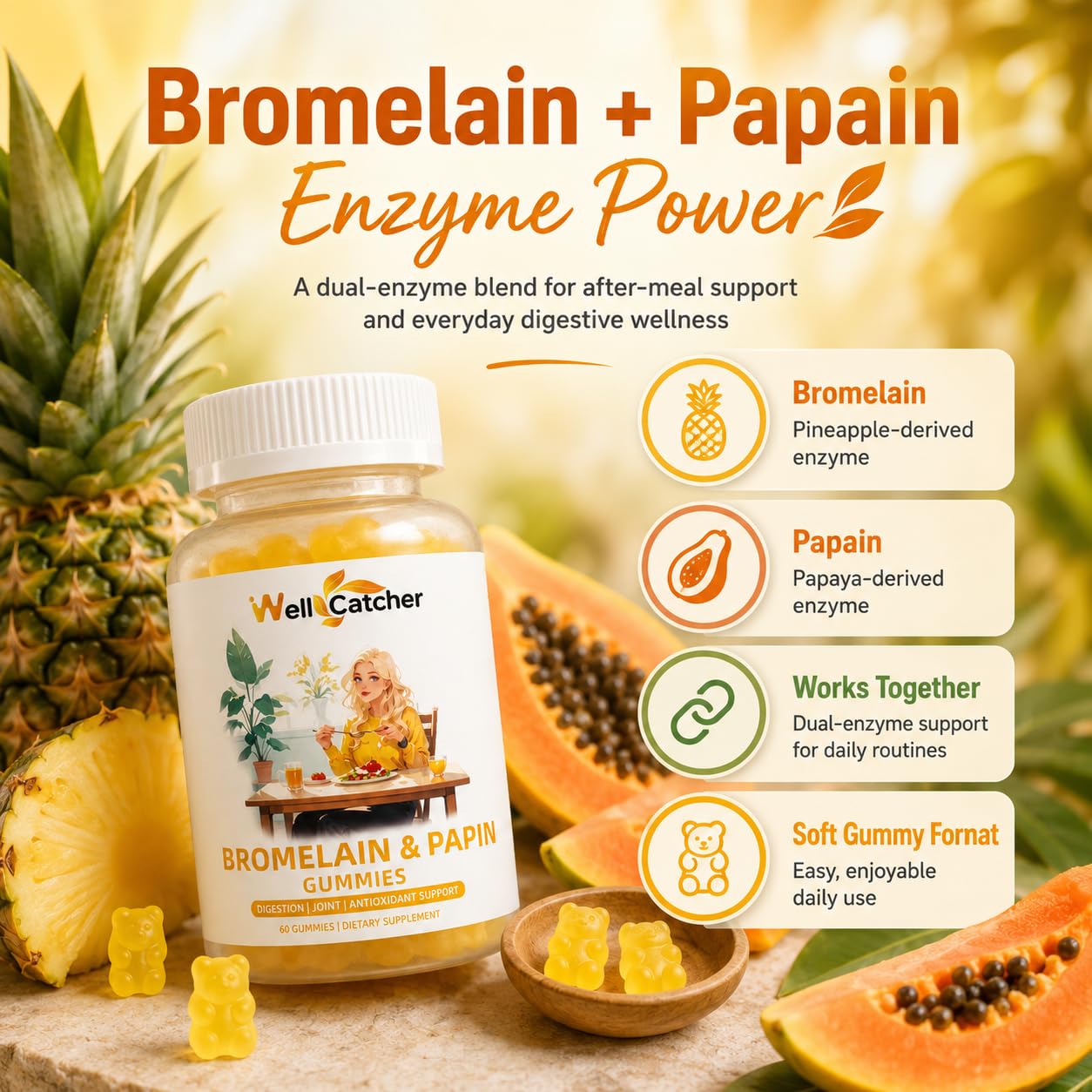 Pineapple flavored bromelain and papain gummies in a jar