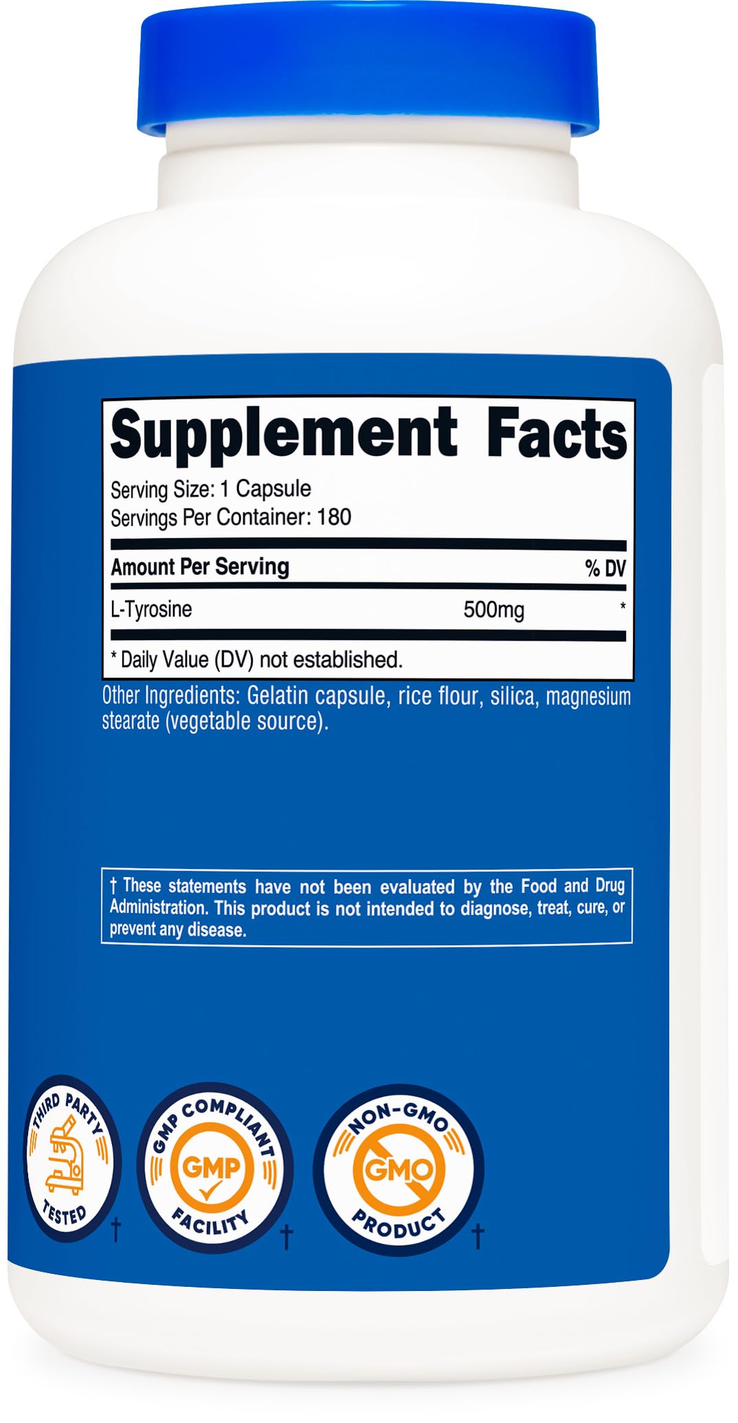 Close up of Nutricost L-Tyrosine 180 count bottle