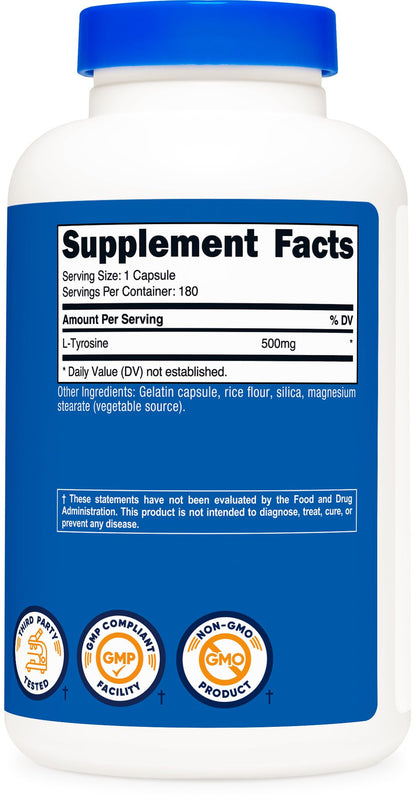 Close up of Nutricost L-Tyrosine 180 count bottle