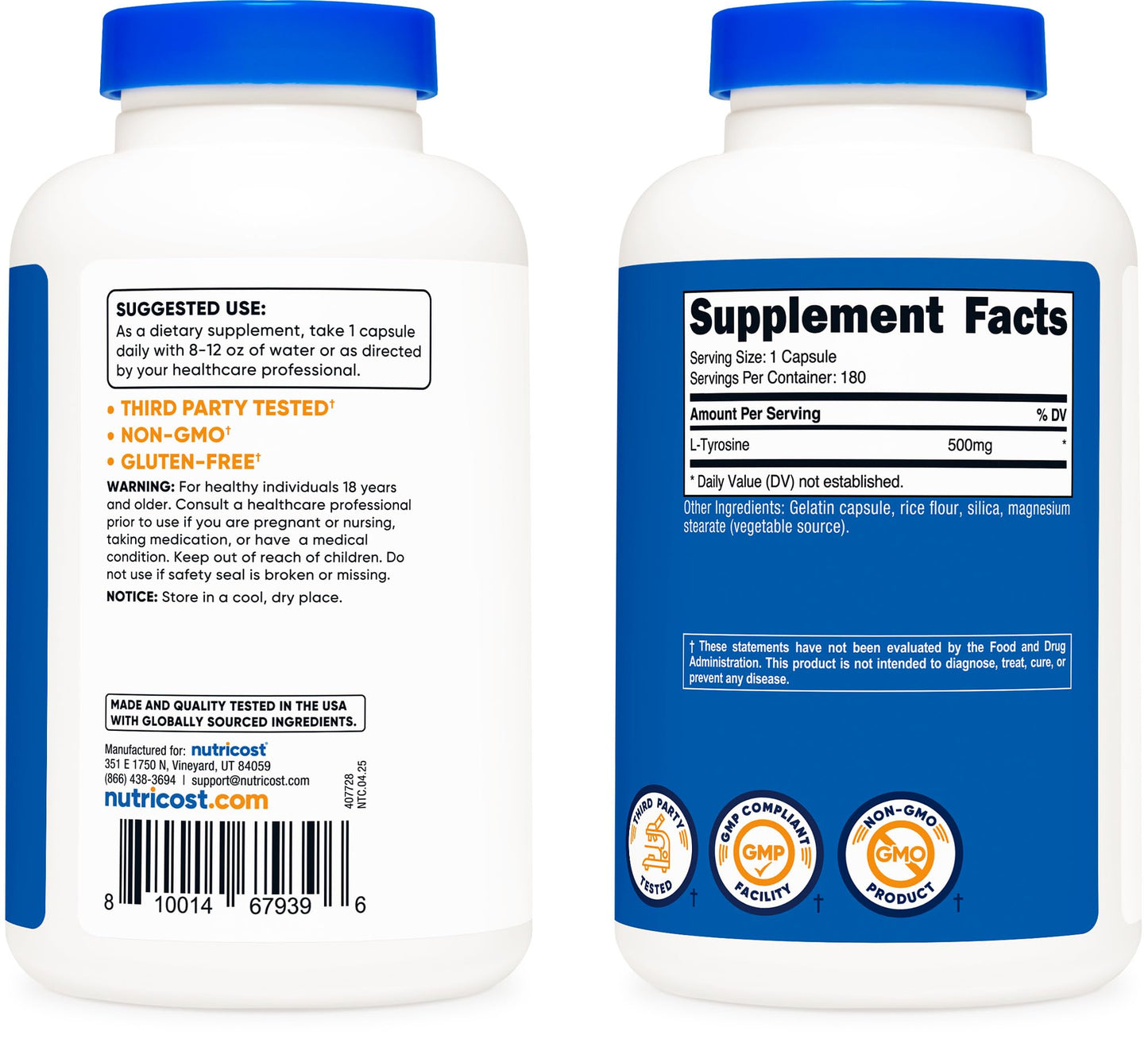 Nutricost L-Tyrosine non-GMO gluten-free seal