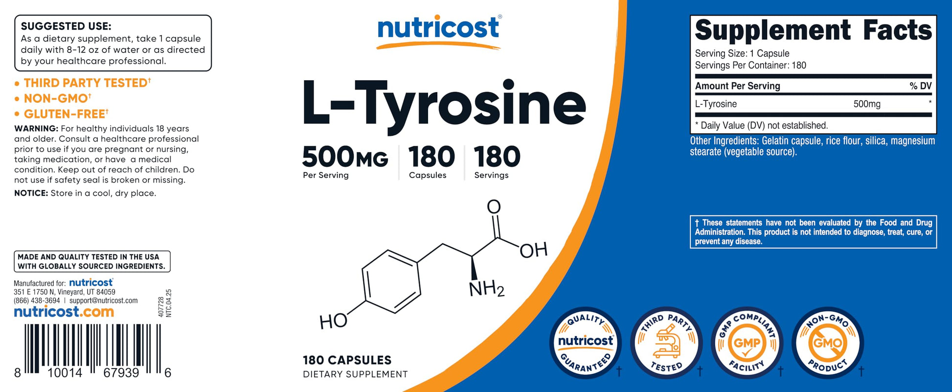 Nutricost L-Tyrosine 500mg amino acid supplement lifestyle shot