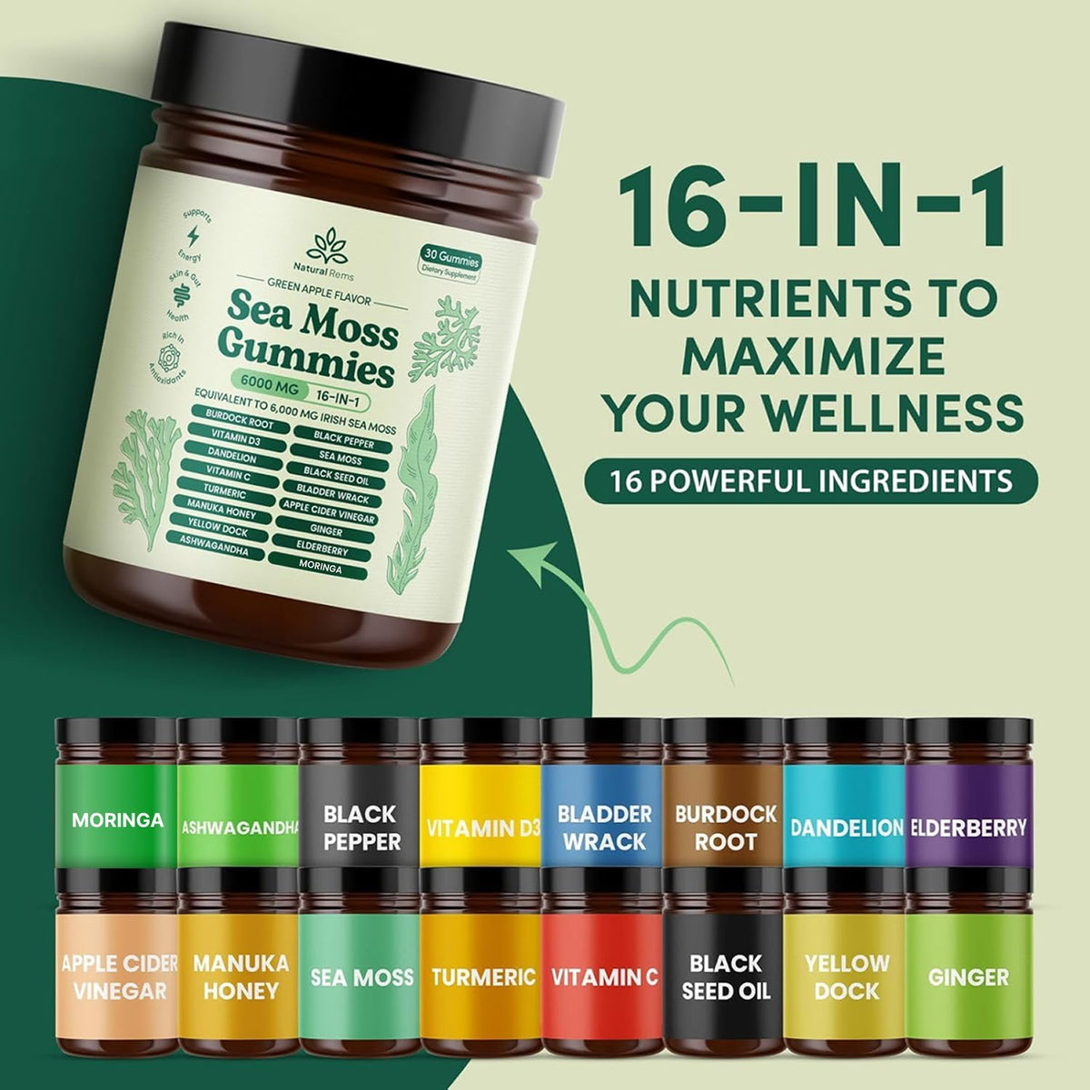 Natural Rems Sea Moss Gummies 16-In-1 Complex ingredients and supplement facts label