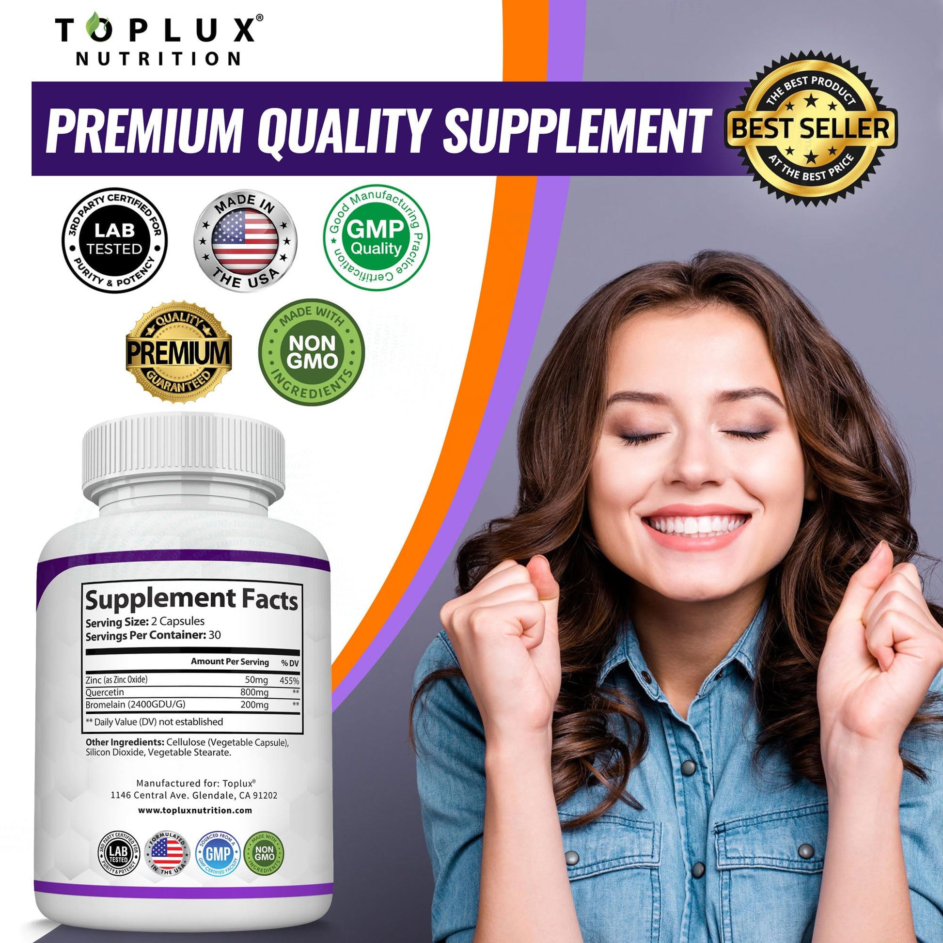 Toplux Quercetin 1050mg bottles showing quality seal