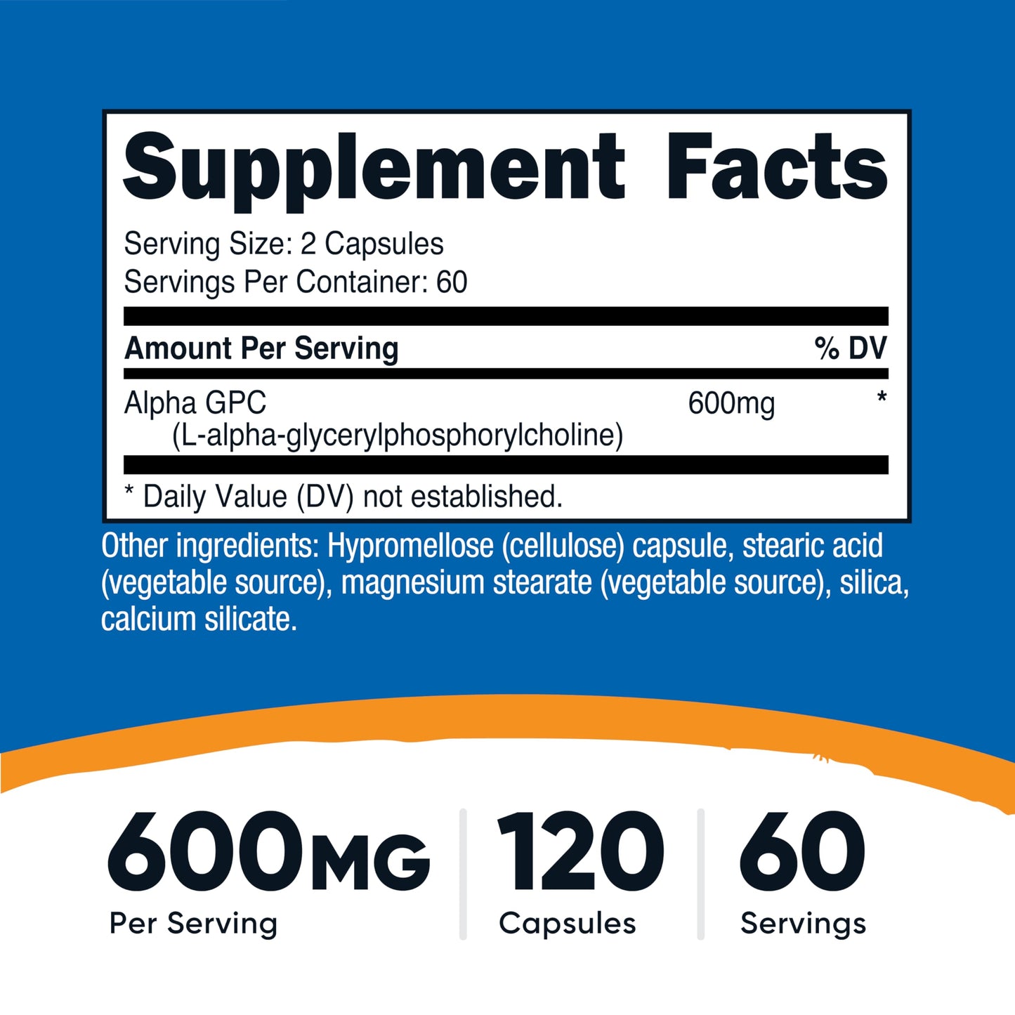 Nutricost Alpha GPC 120 vegetarian capsules supplement facts panel and ingredients list