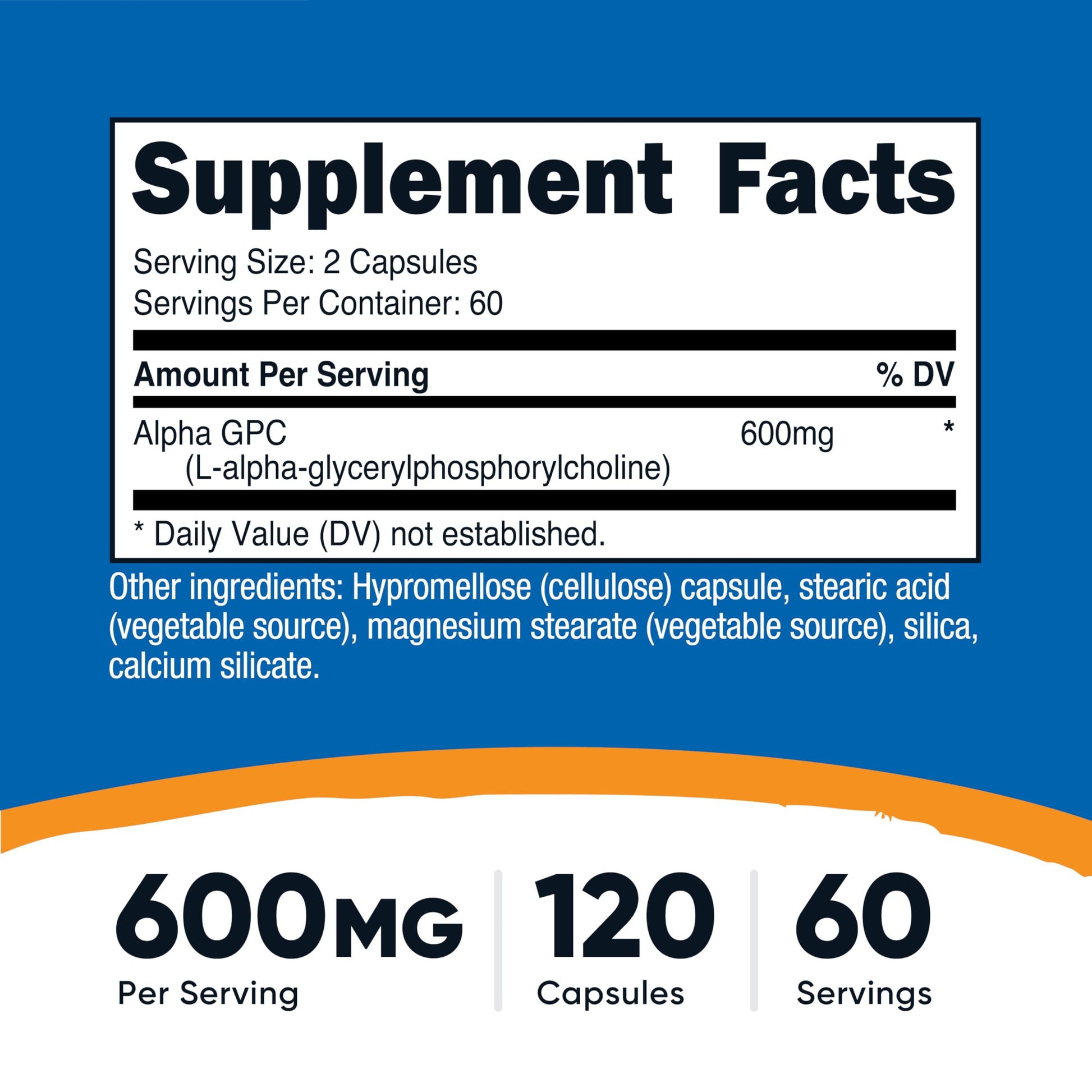 Nutricost Alpha GPC 120 vegetarian capsules supplement facts panel and ingredients list