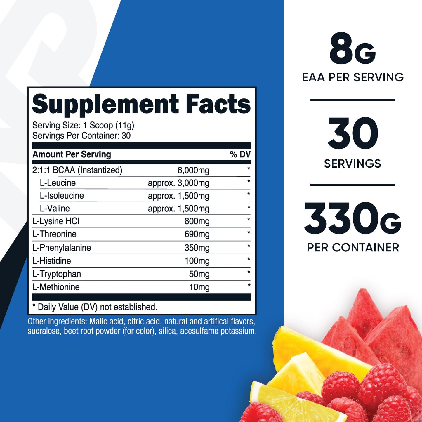Nutricost EAA supplement nutrition facts label showing nine essential amino acids