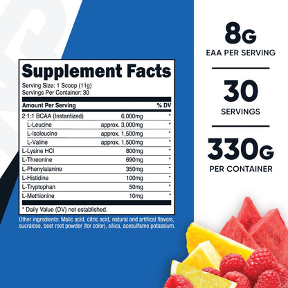 Nutricost EAA supplement nutrition facts label showing nine essential amino acids