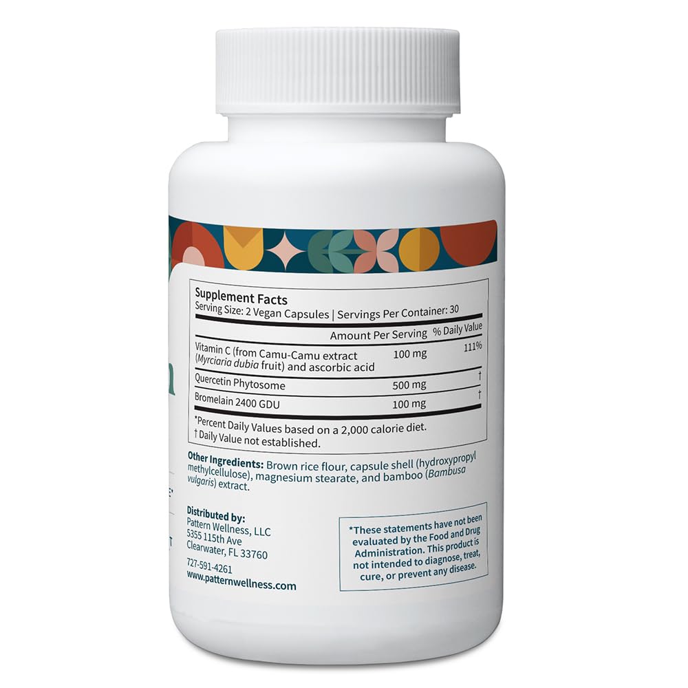 Side view of Pattern Wellness Quercetin vegan supplement bottle