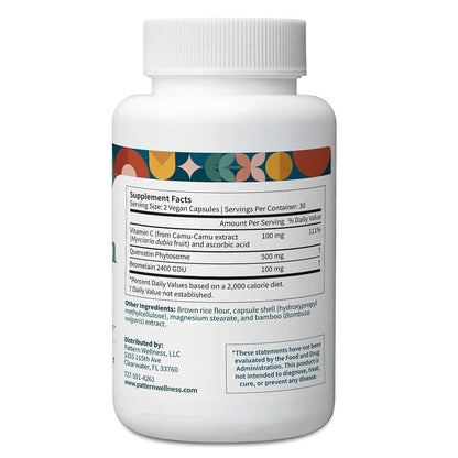 Side view of Pattern Wellness Quercetin vegan supplement bottle