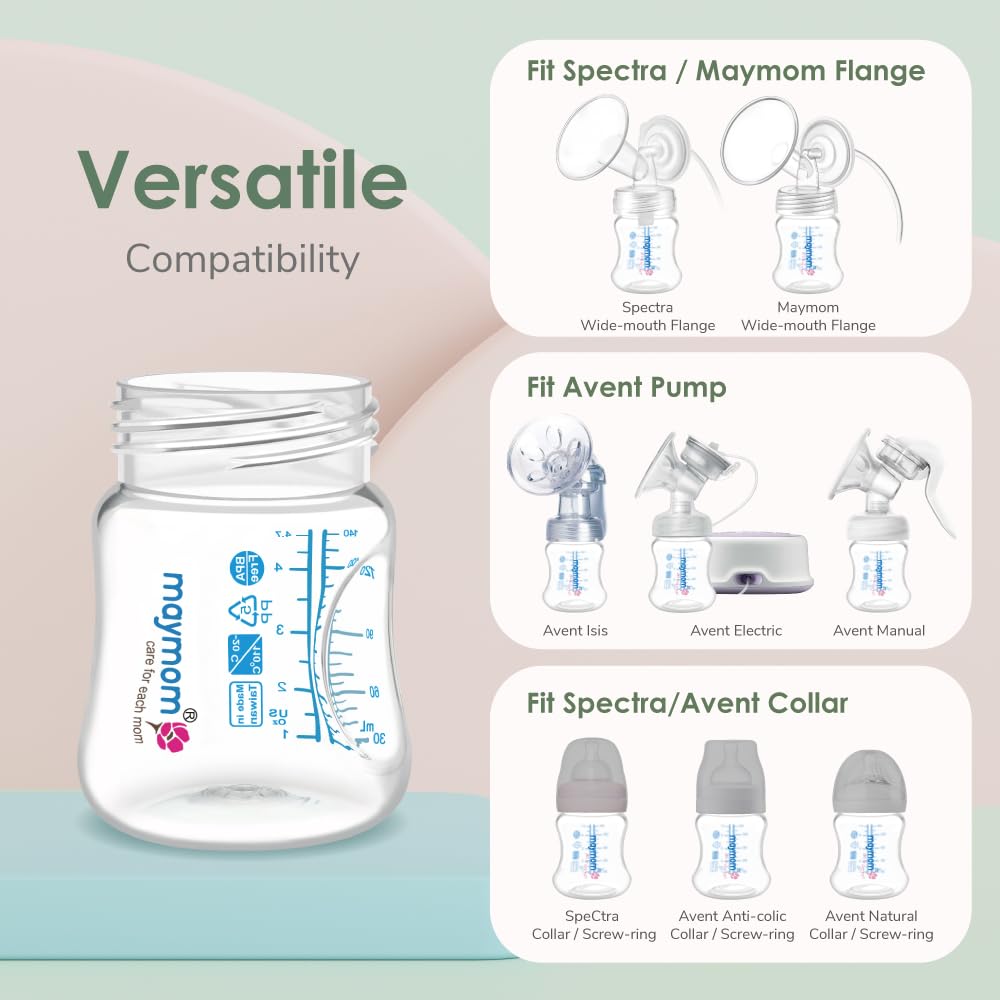 Maymom milk collection bottles with SureSeal disks and measurement marks