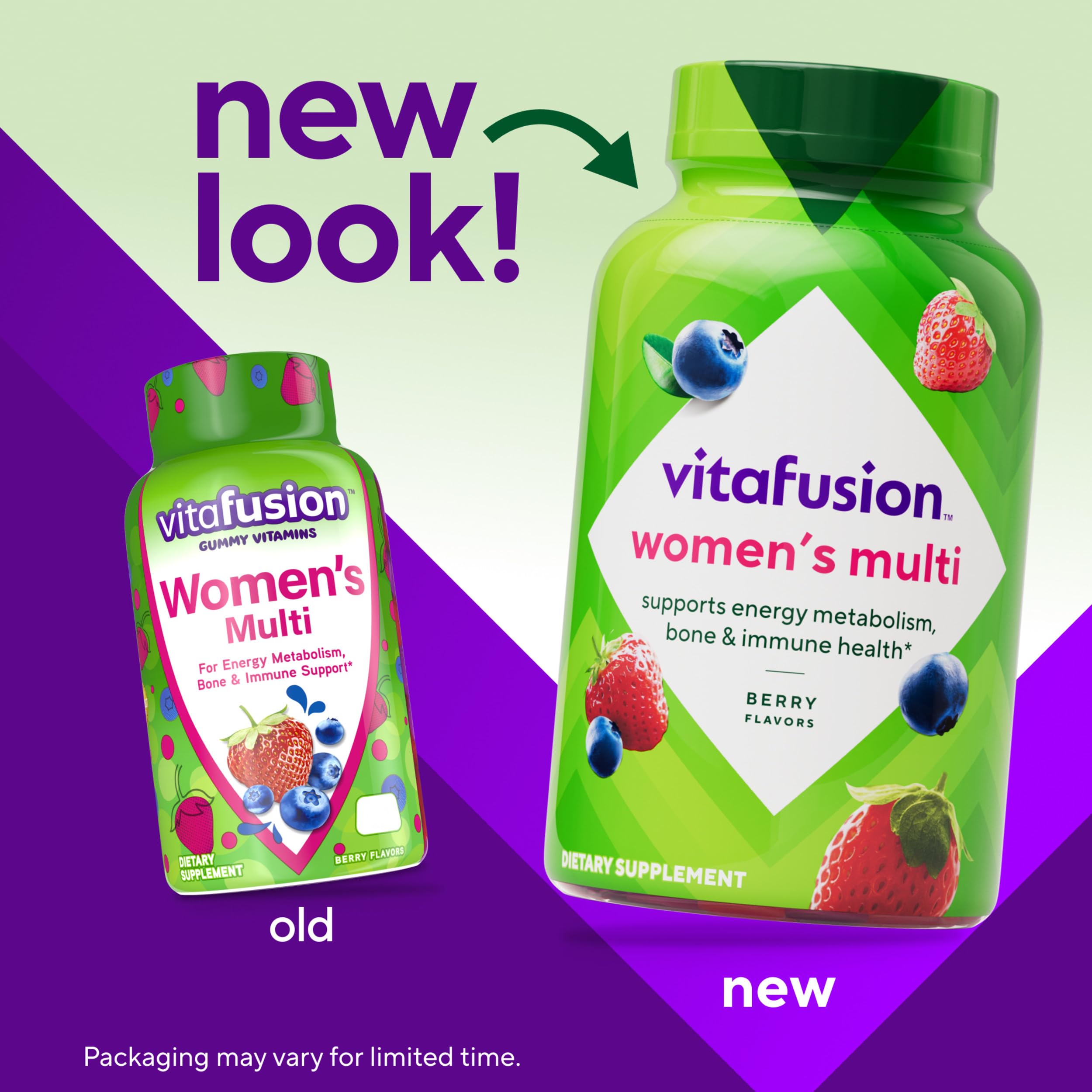 Vitafusion Womens Daily Multivitamin front label with green cap highlighting energy and bone support