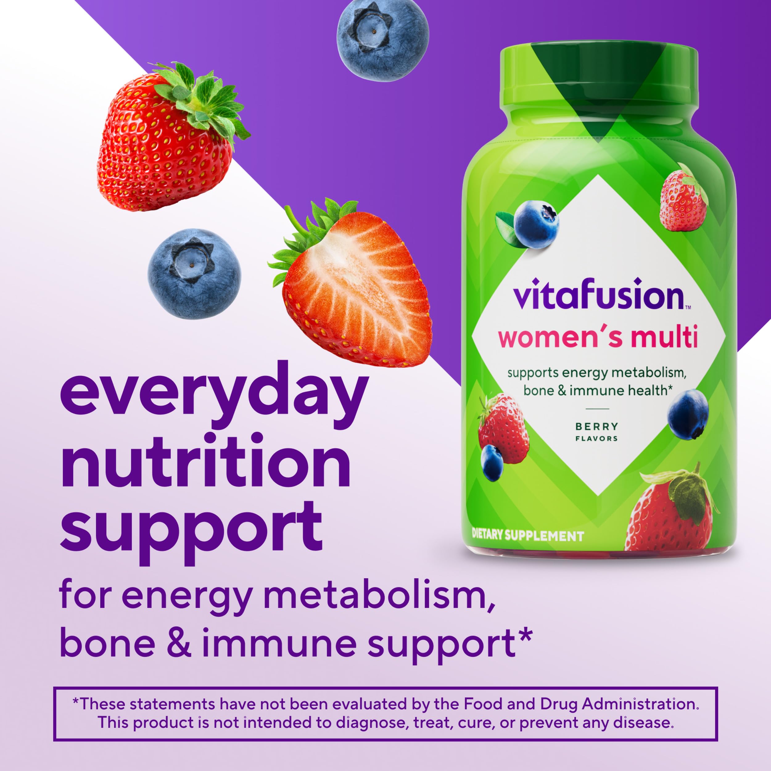 Vitafusion Womens Multi imported gummy vitamins supplement facts and ingredients list on the back label