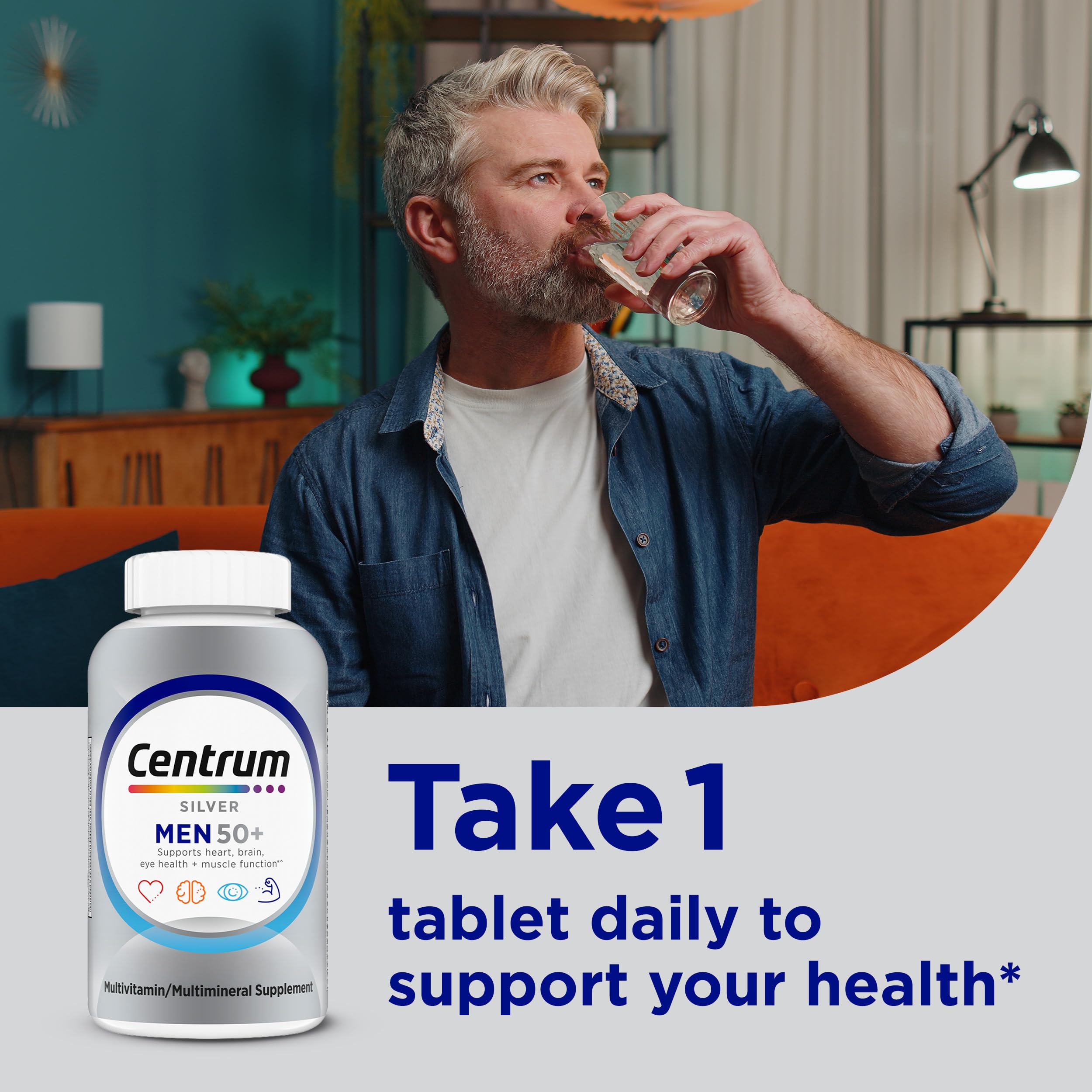 Centrum Silver Men 200 tablets bottle showing heart and brain support icons