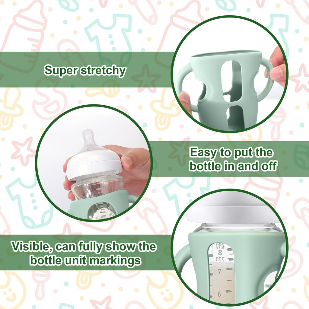 Three pack of Juome silicone bottle sleeves in pink, brown, and grey options.