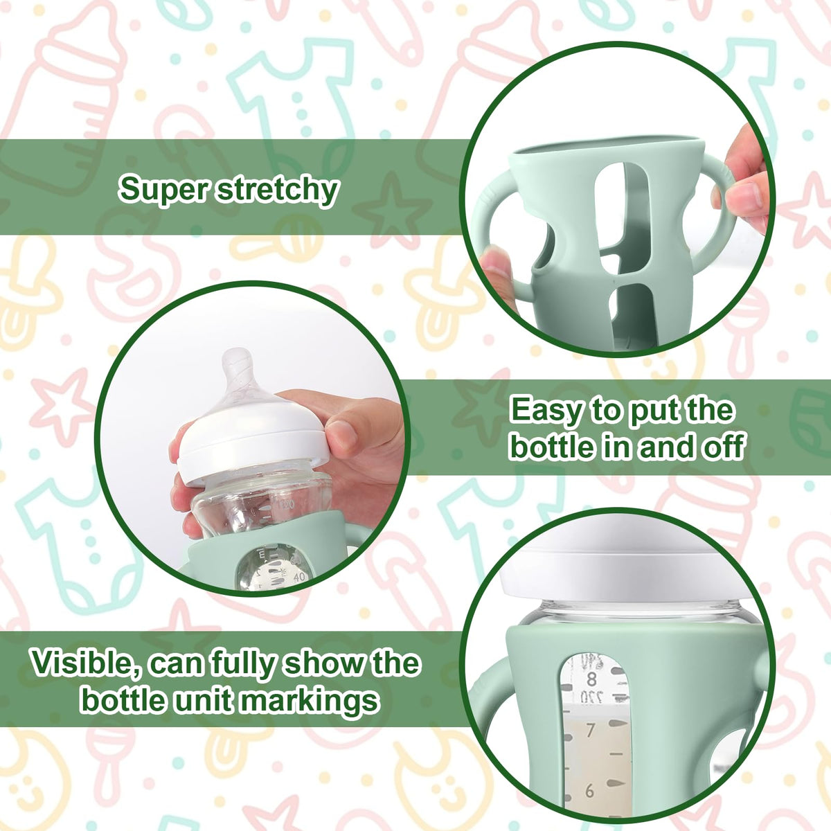 Three pack of Juome silicone bottle sleeves in pink, brown, and grey options.