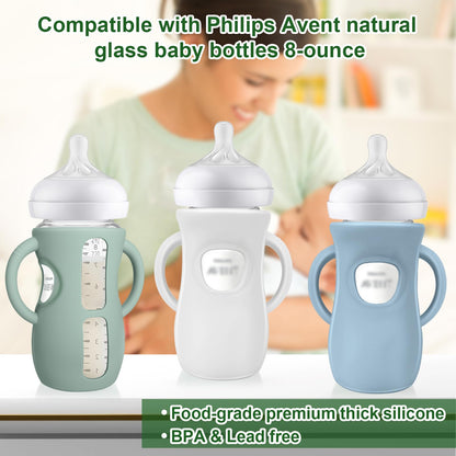 Juome food grade silicone sleeve fitted onto an eight ounce glass baby feeding bottle.