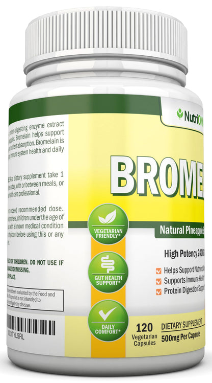 Side view of NutriONN Bromelain supplement bottle