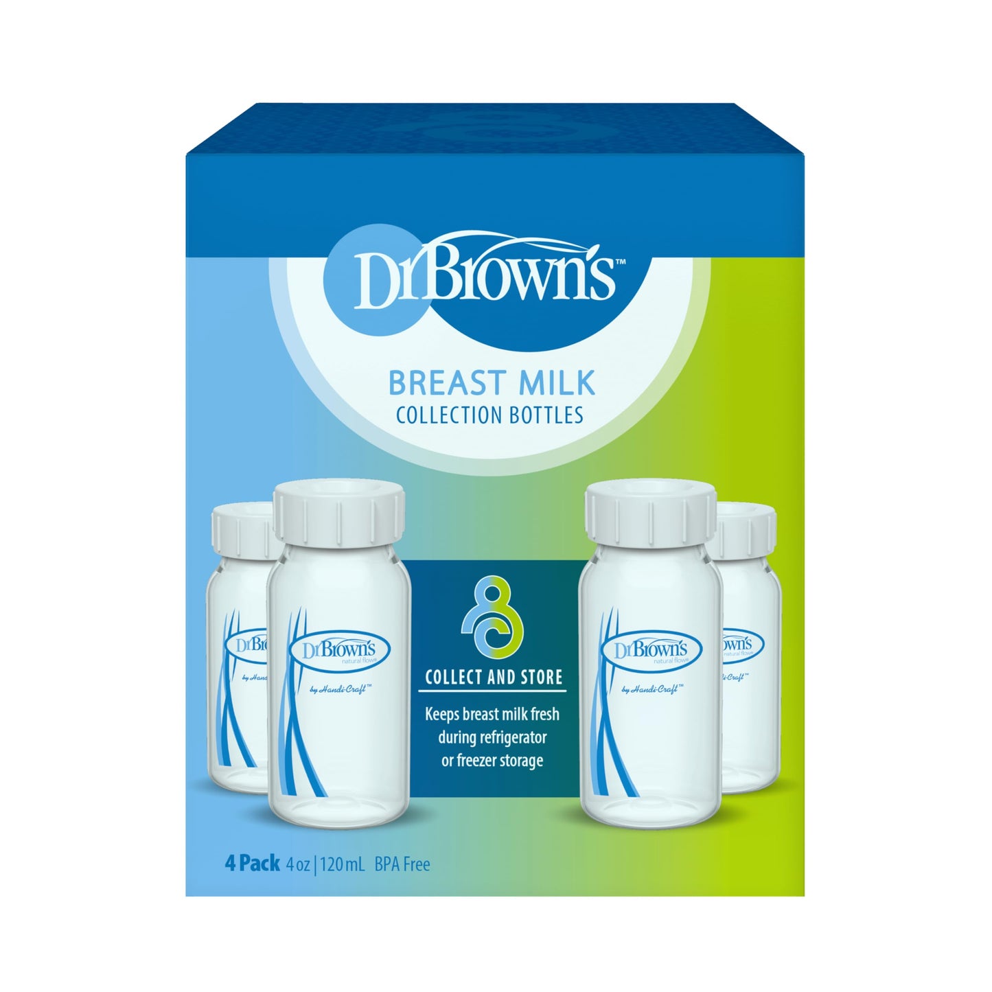 Dr. Brown's breast milk bottles arranged for storage.