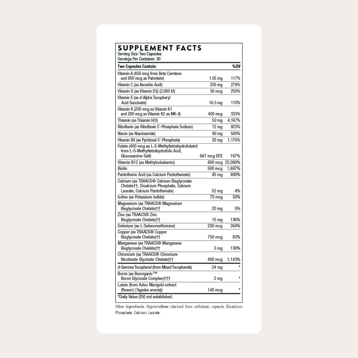 Thorne daily multivitamin supplement facts panel on side of bottle