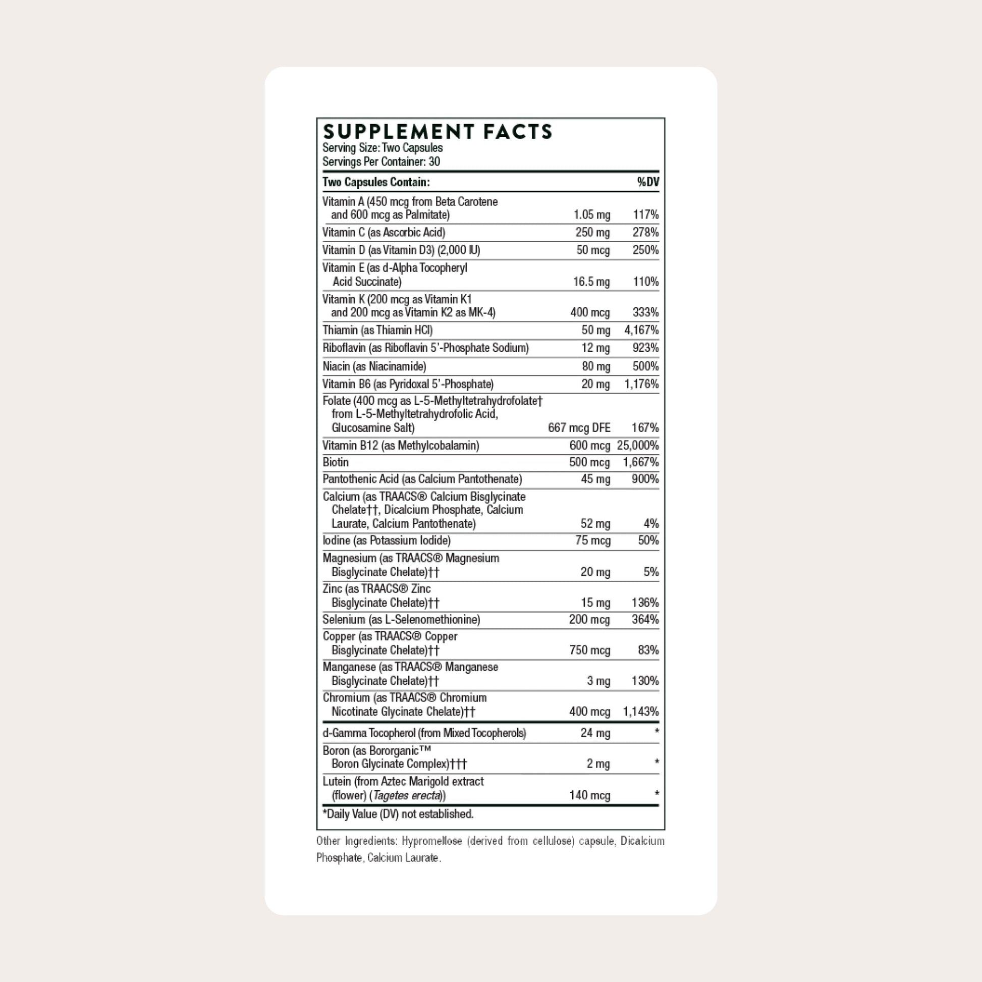 Thorne daily multivitamin supplement facts panel on side of bottle