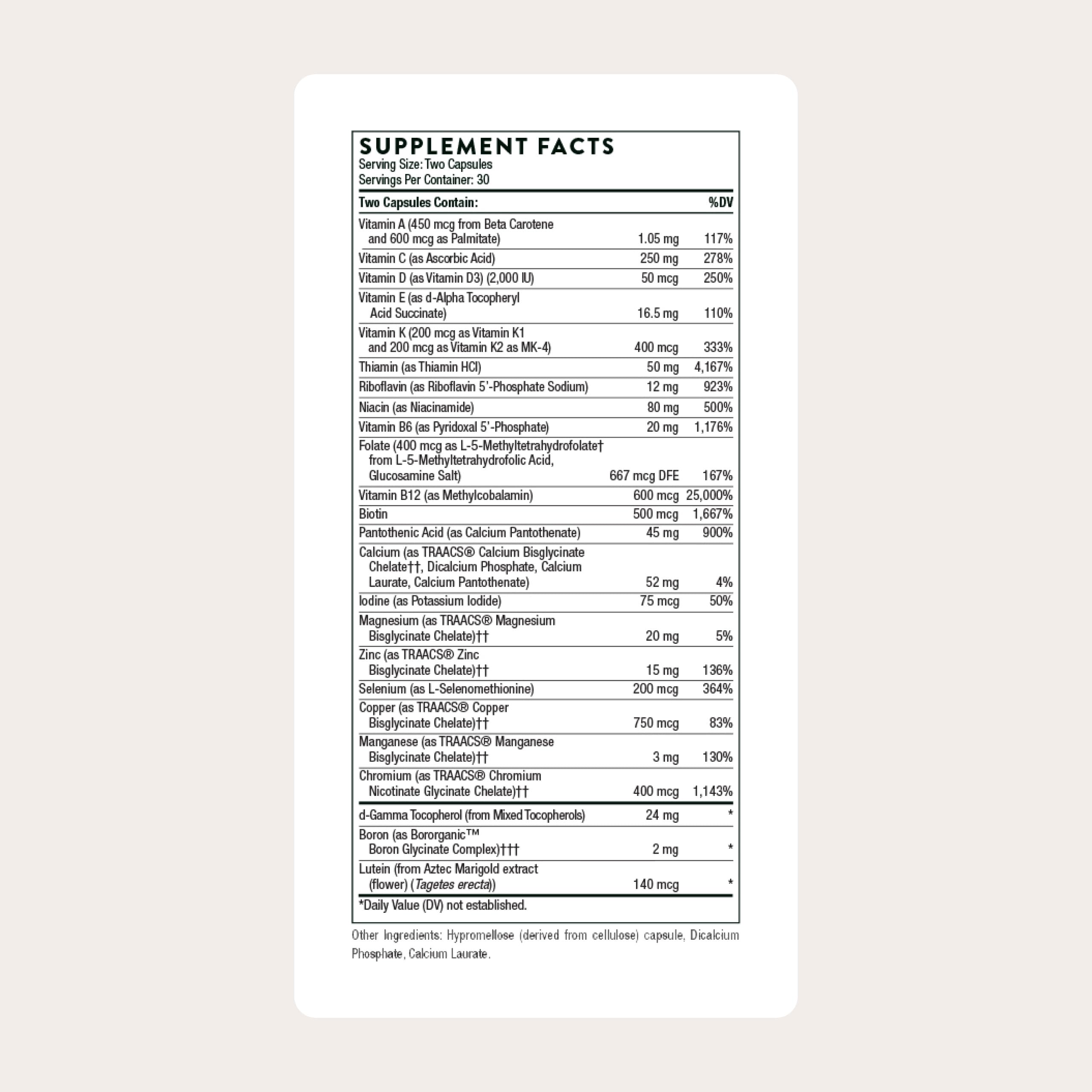 Thorne daily multivitamin supplement facts panel on side of bottle